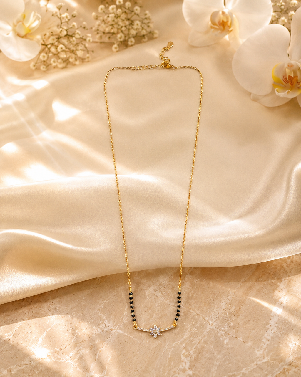 Elegant Gold-Plated CZ Floral Bar Mangalsutra for Women | Minimal Black Bead Chain Necklace | Traditional Daily Wear Jewellery