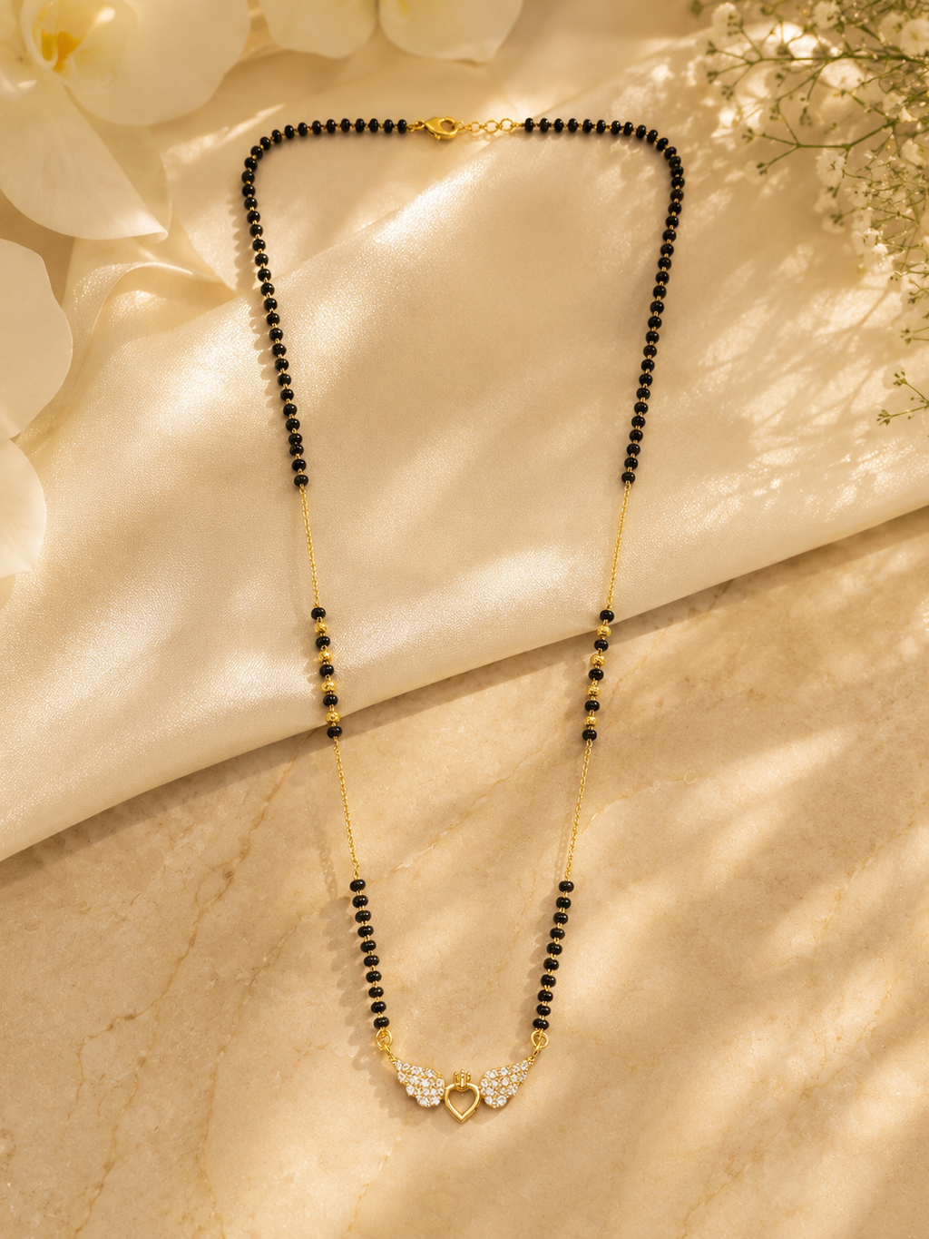 Elegant Gold-Plated CZ Angel Wing Heart Mangalsutra for Women | Minimal Black Bead Chain Necklace | Traditional Daily Wear Jewellery