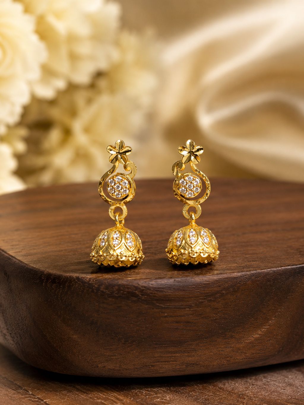 Golden Floral Sparkle Jhumka Drop Earrings