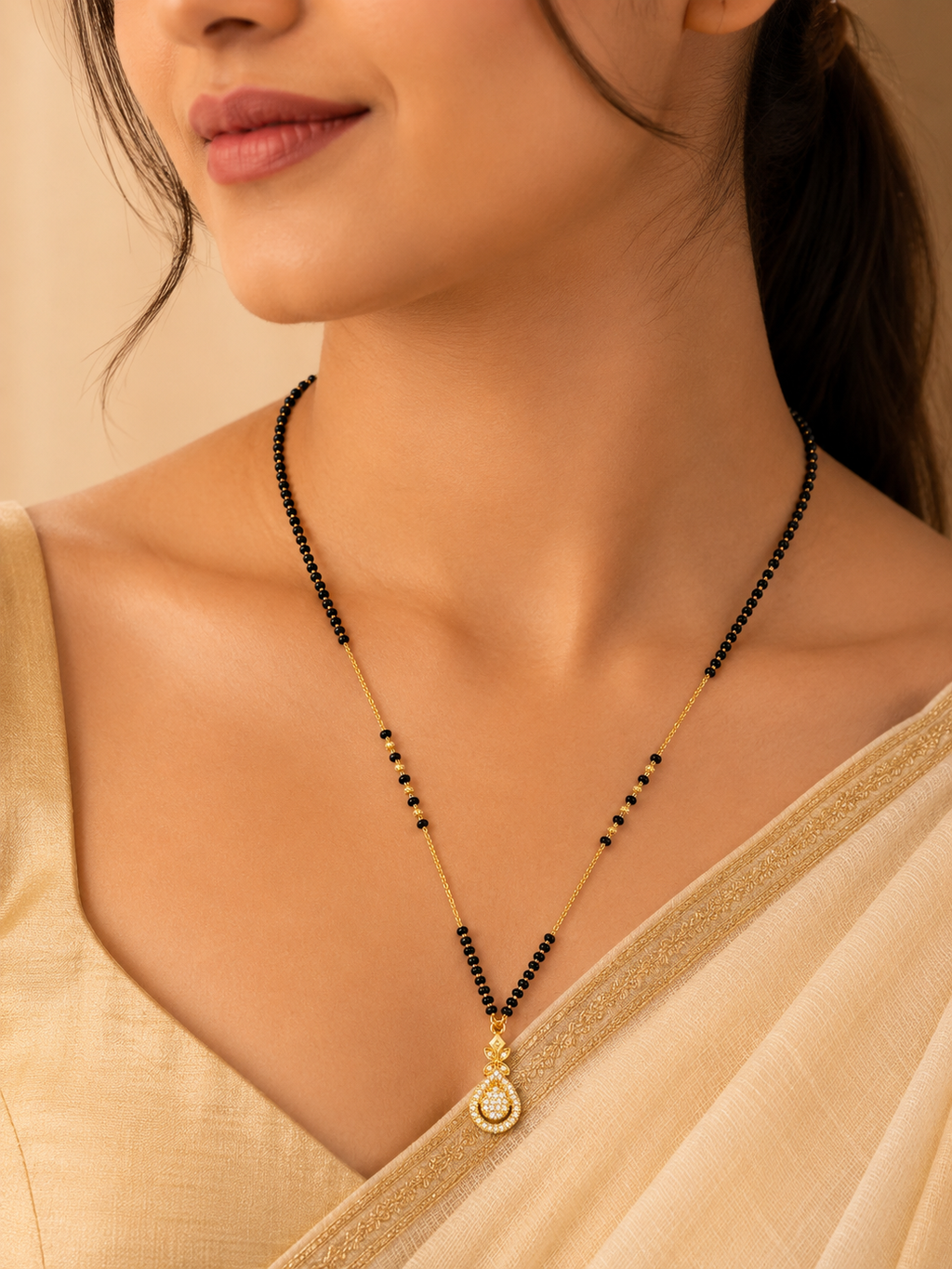 Elegant Gold-Plated CZ Teardrop Mangalsutra for Women | Traditional Black Bead Chain Necklace | Daily Wear & Bridal Jewellery